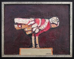 "Abstract Owl with Buttons Against Maroon" Modern Owl Mixed Media Painting 