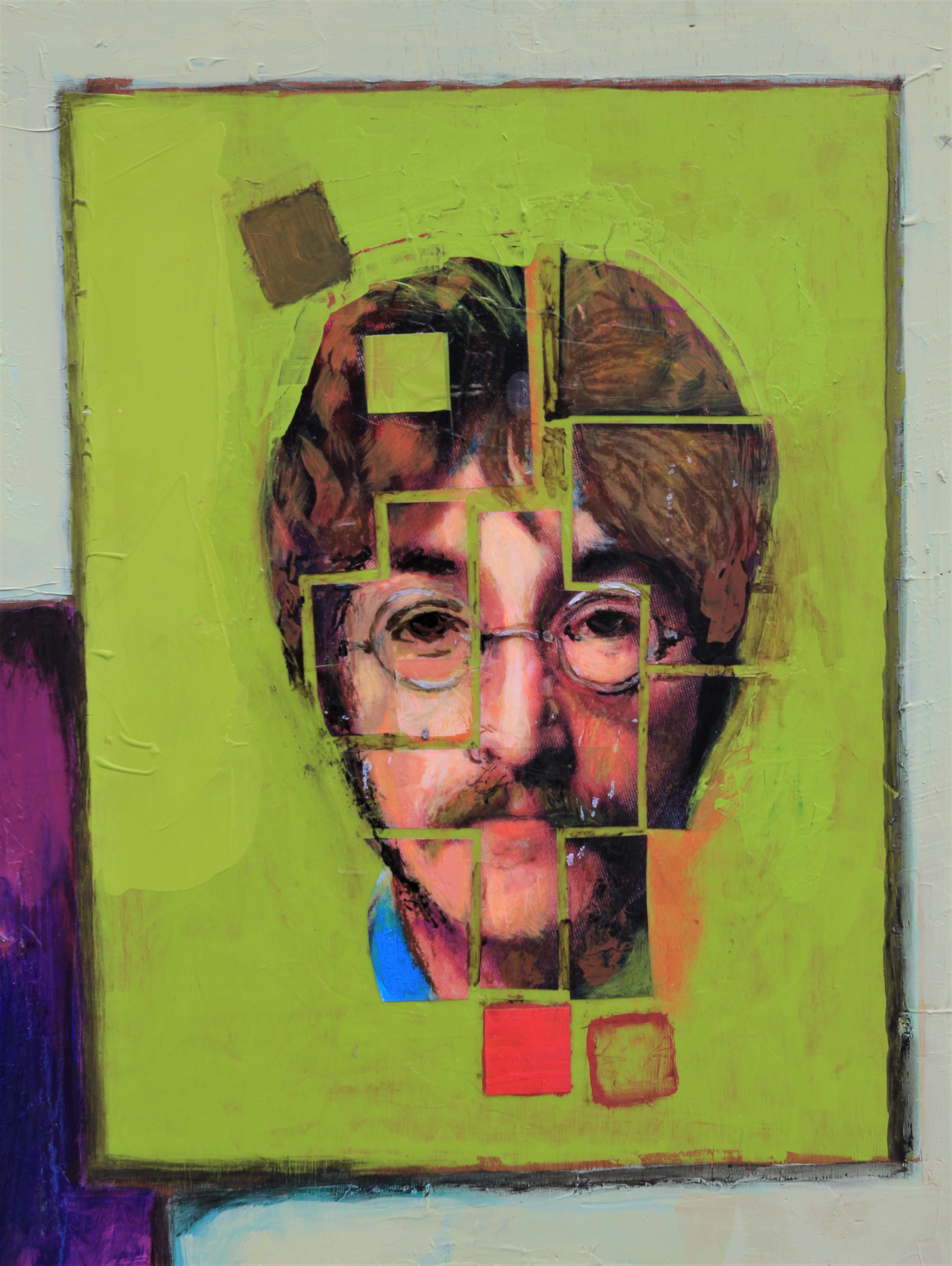 Abstract modern painting by Houston, Texas modernist sculptor and painter David Adickes. Mixed media painting depicting The Beatles' individual portraits on colorful geometric shapes against a green pastel background with a cut-out of John Lennon