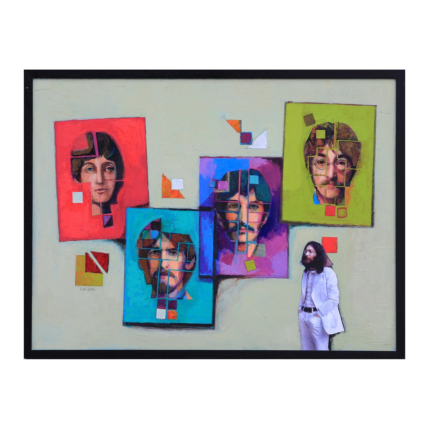 Colorful Abstract Modern Original Beatles Portrait Painting with Collage  - Mixed Media Art by David Adickes