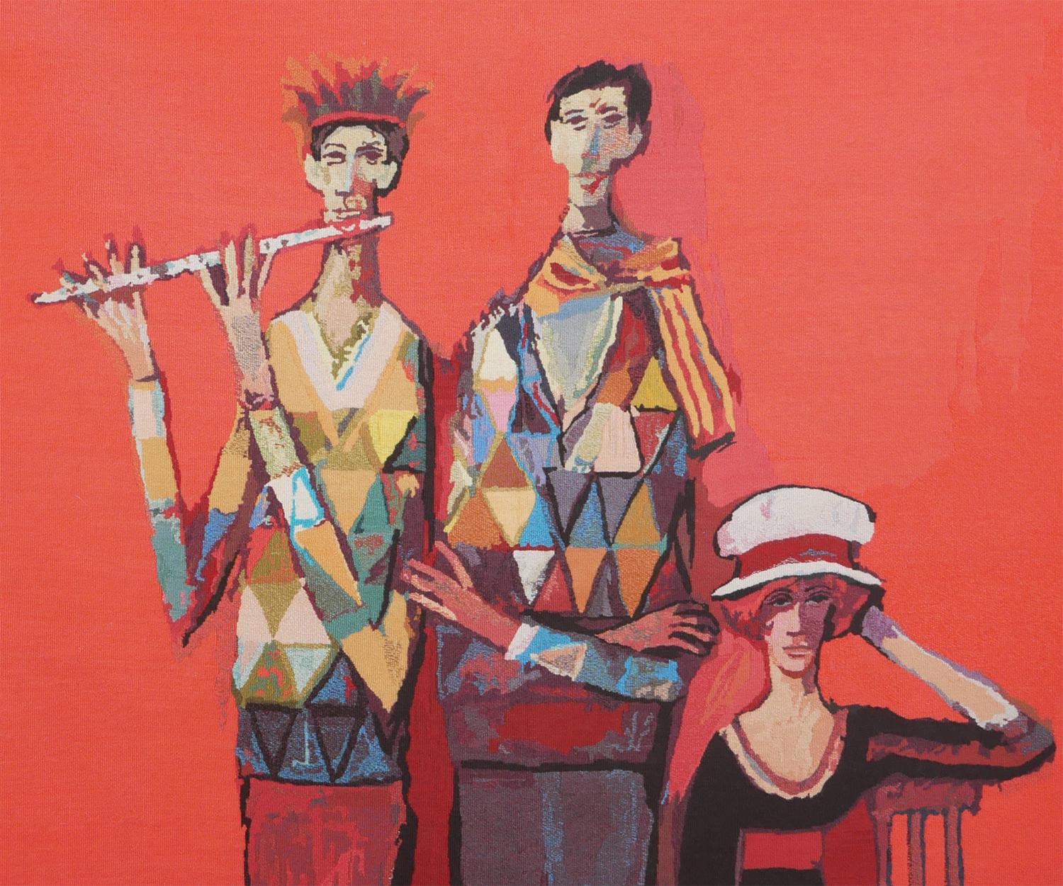 Tapisserie figurative abstraite de musiciens et d'une muse de la famille Harlequin en vente 4