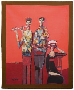 Vintage "Harlequin Family" Abstract Figurative Tapestry of Musicians and a Muse