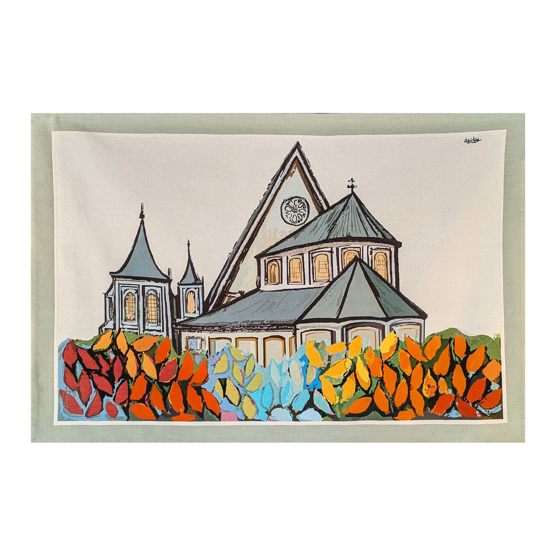 Cool toned abstract architectural tapestry by Houston-based artist David Adickes. The work features a depiction of the Church of St. Genevieve, a Parisian cathedral, with colorful leaves in the foreground. The artist's signature is incorporated into