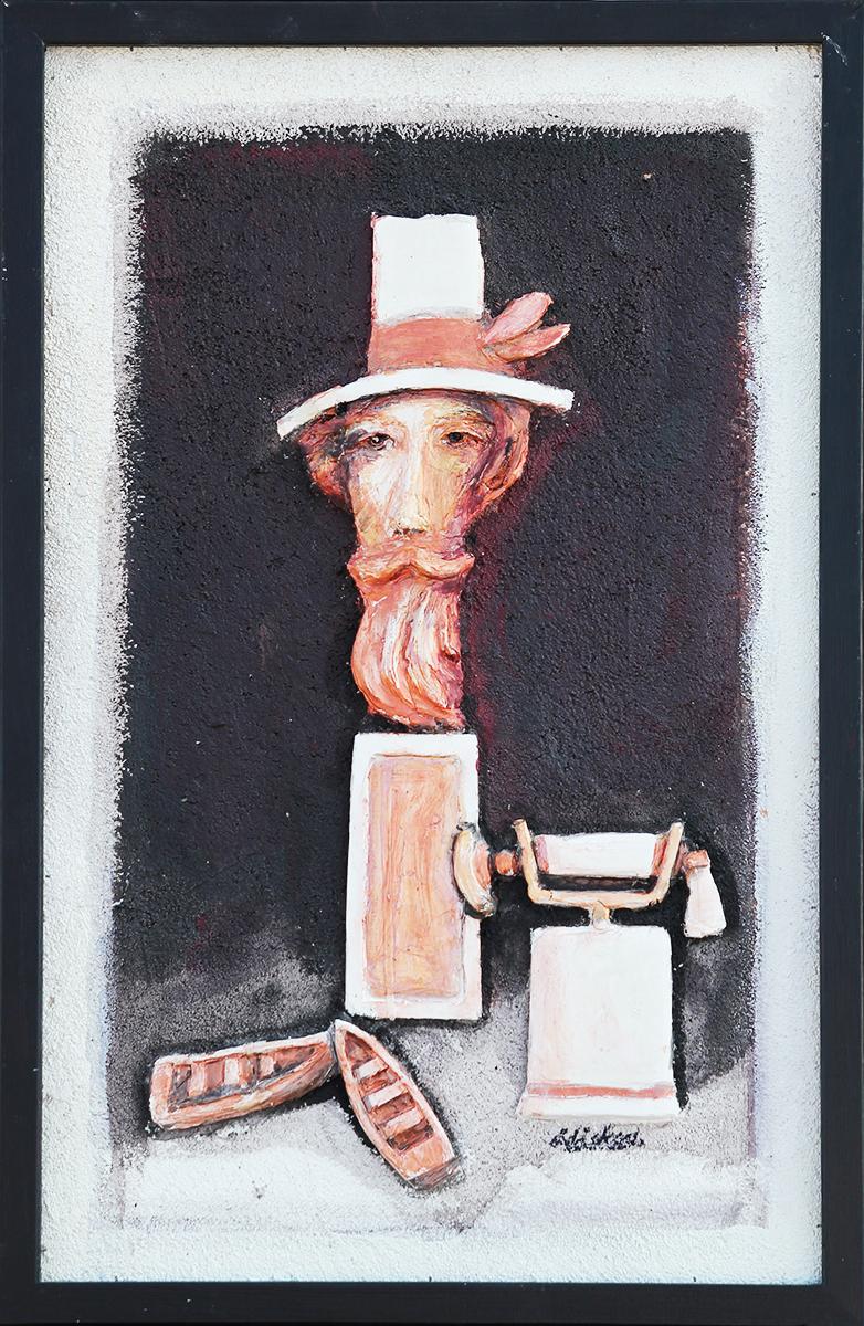David Adickes Figurative Painting - “Man, French Phone, Boats” Longitudinal Abstract Figurative Mixed Media Painting