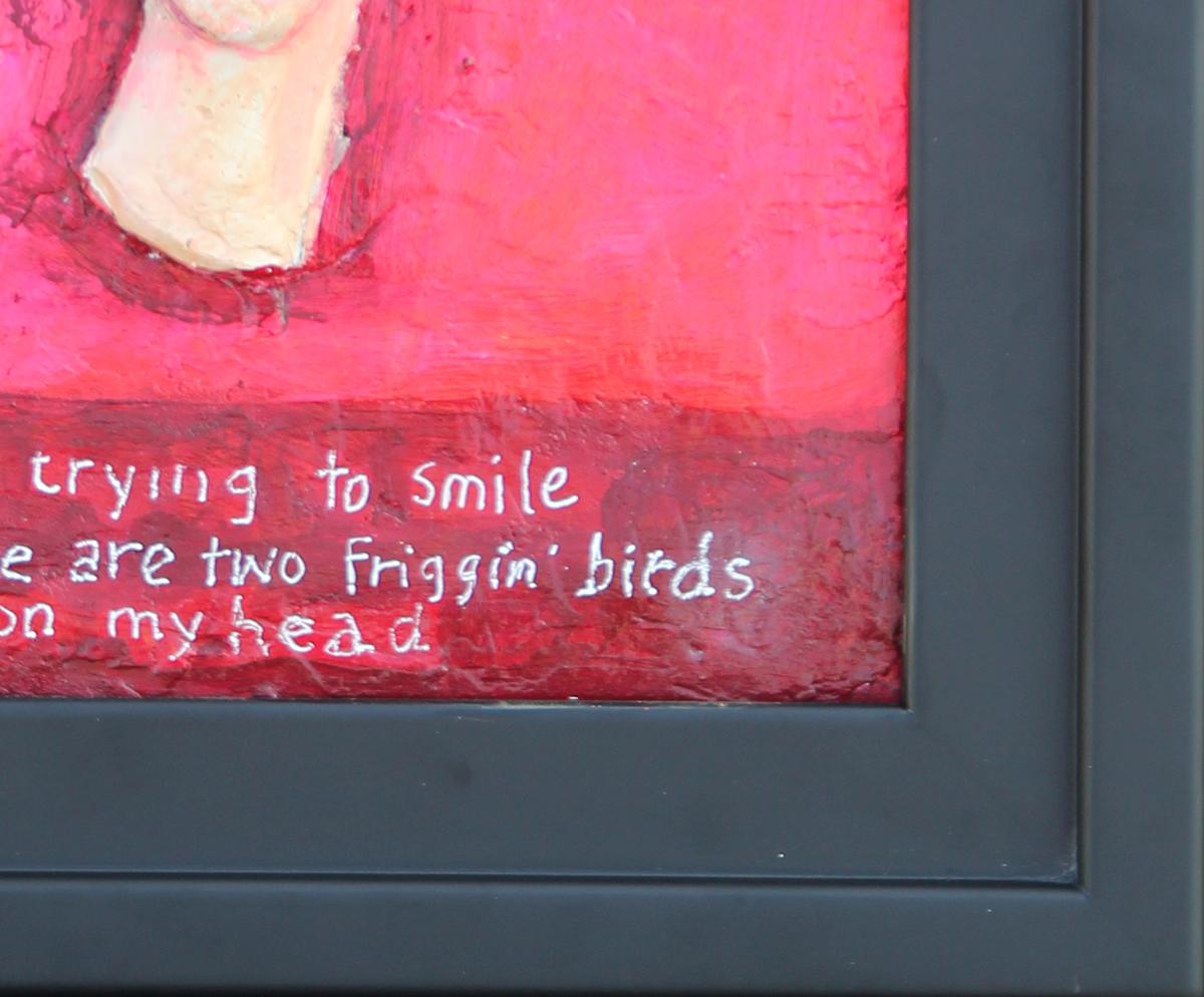 Small Red Toned Abstract Figurative Relief Portrait of a Man with Two Birds - Gray Figurative Sculpture by David Adickes