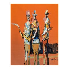 "Trio Red" Warm Toned Figurative Abstract Tapestry of Three Harlequin Men