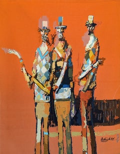 "Trio Red" Warm Toned Figurative Abstract Tapestry of Three Harlequin Men
