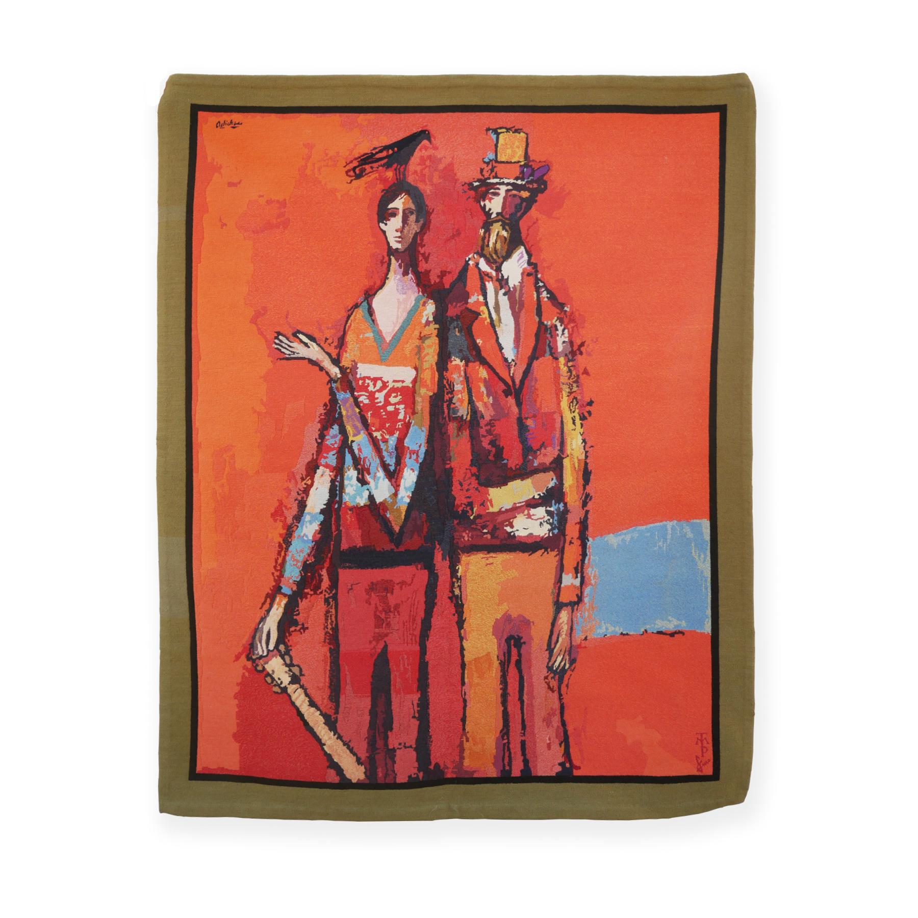 Warm toned abstract figurative tapestry by Houston-based artist David Adickes. The work features two standing male figures, one with a guitar and the other wearing a top hat, both classic imagery found in Adickes' work. The figure on the left  also