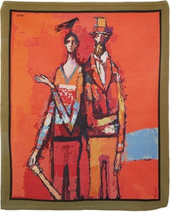"Two Musicians" Warm Toned Abstract Figurative Tapestry of Two Men with a Bird