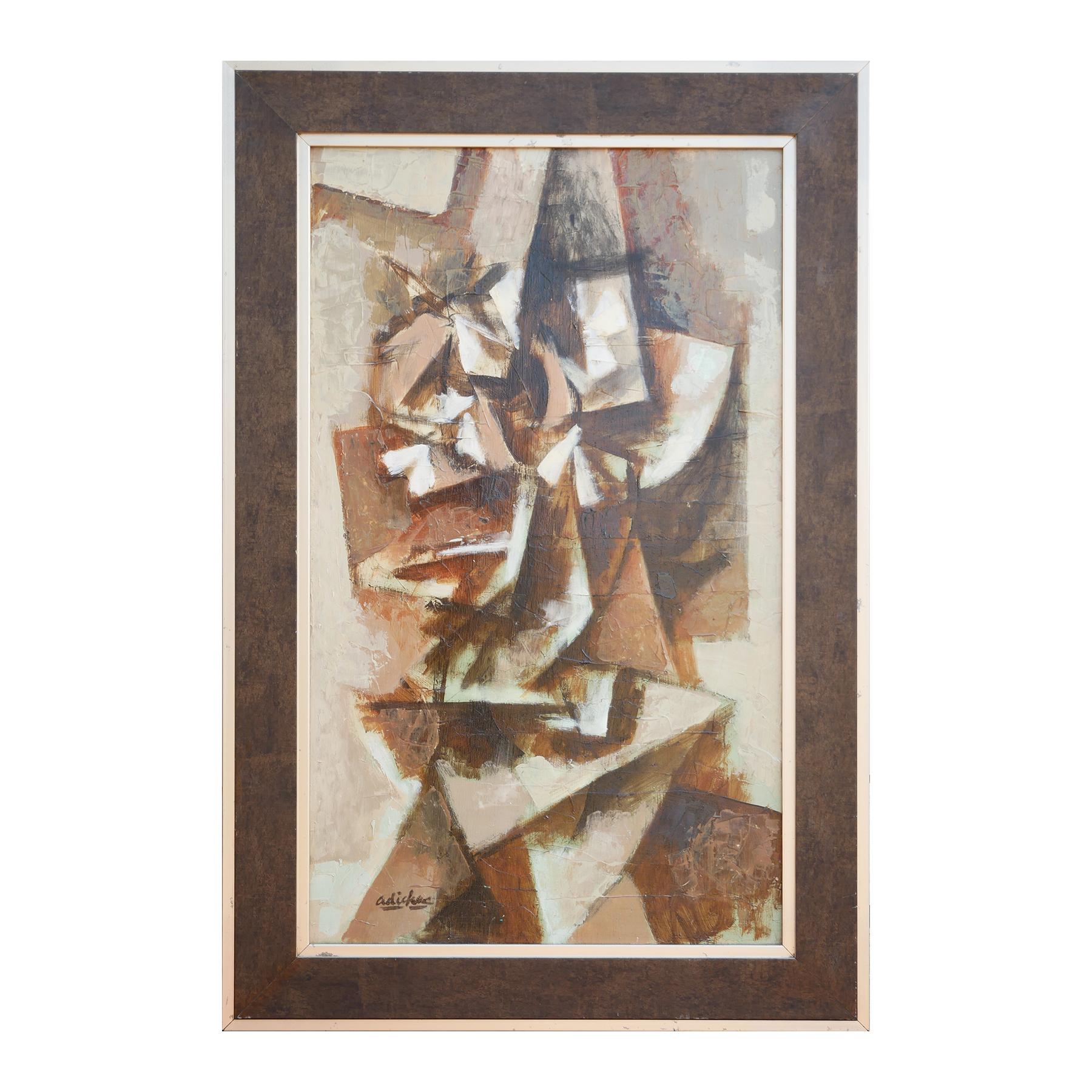 Modern abstract brown toned Cubist inspired still life painting by Houston, TX artist David Adickes. The work features a central floral arrangement set against a light brown background. Signed by the artist in the front lower left corner. Currently