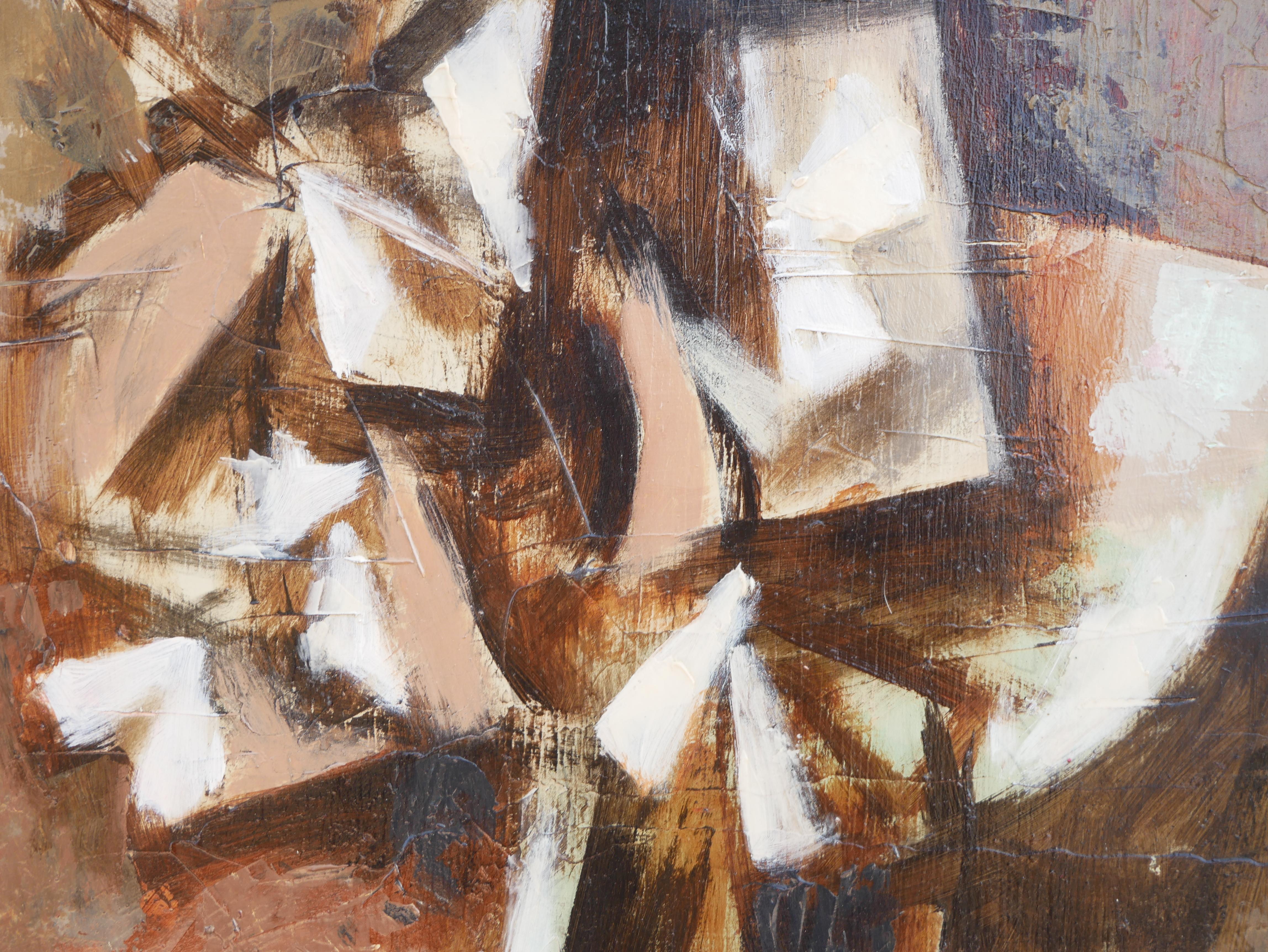 Peinture abstraite moderne de nature morte d'inspiration cubiste aux tons bruns, réalisée par l'artiste David Adickes de Houston, Texas. L'œuvre présente un arrangement floral central sur un fond brun clair. Signé par l'artiste dans le coin