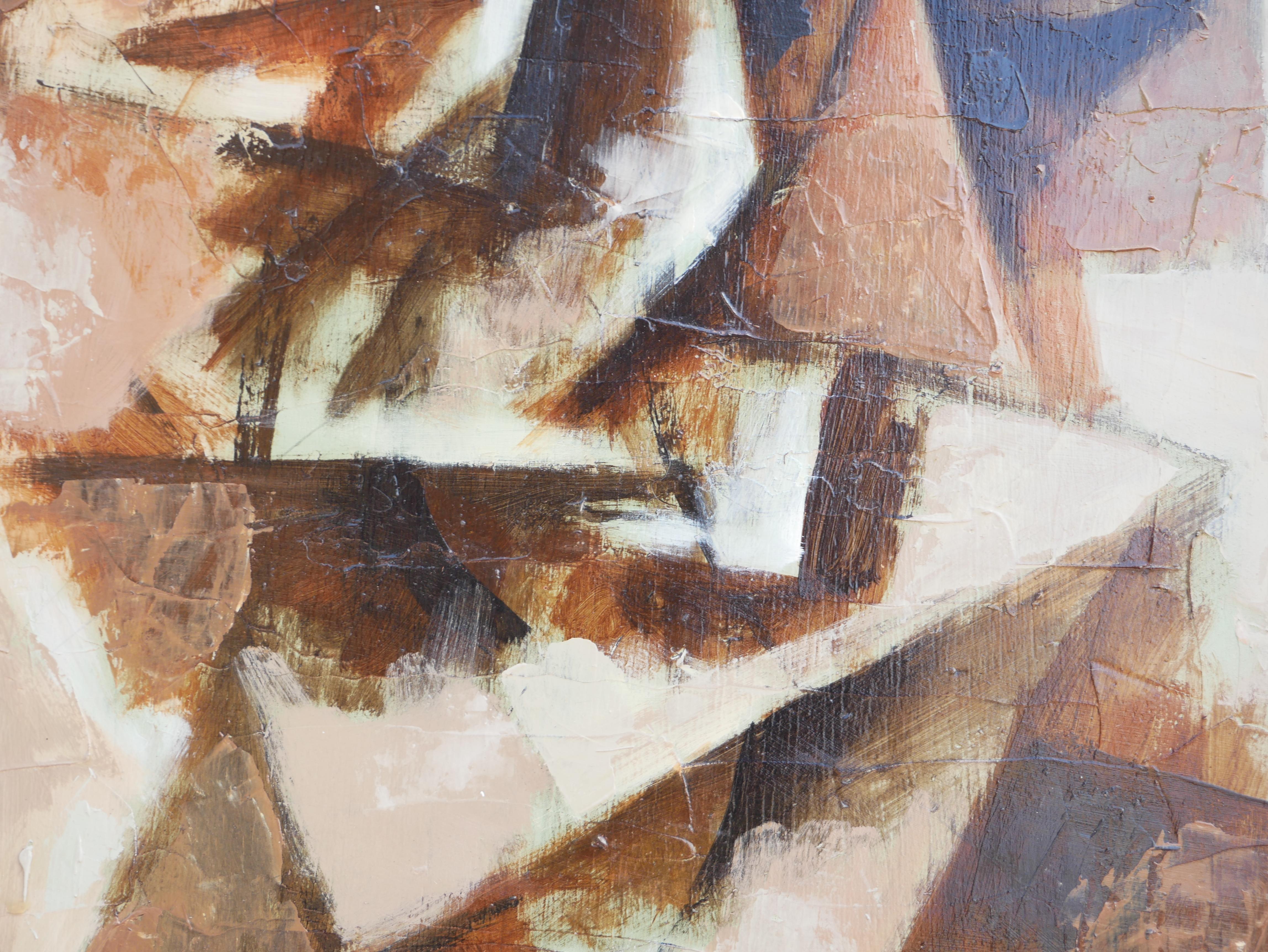 Moderna natura morta astratta di ispirazione cubista in tonalità marrone dell'artista di Houston, TX, David Adickes. L'opera presenta una composizione floreale centrale su uno sfondo marrone chiaro. Firmato dall'artista nell'angolo anteriore in