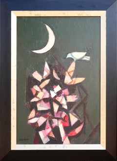 "Abstract Leaves, Bird, and Moon" Modern Abstract Cubist Still Life Painting