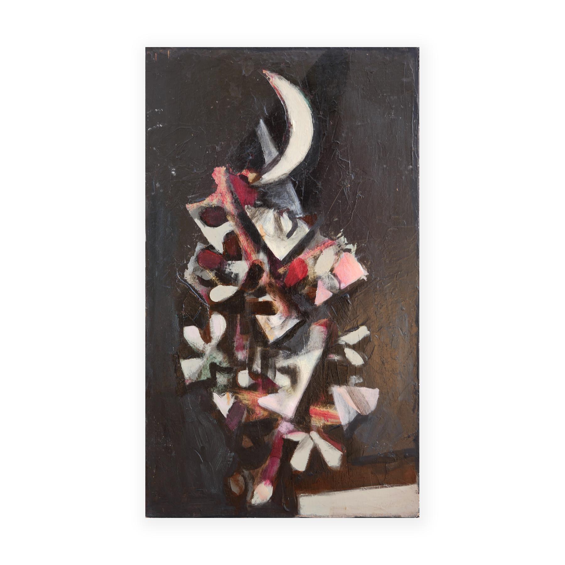 „Abstrakte Blätter, Mond gegen Schwarz“ Modernes abstraktes kubistisches Stillleben – Painting von David Adickes