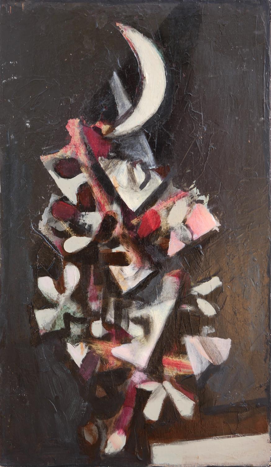 Modernes kubistisch inspiriertes Nachtstillleben des Künstlers David Adickes aus Houston, TX. Das Werk zeigt cremefarbene, rote und graue abstrakte fallende Blätter vor einem schwarzen Hintergrund. Derzeit ungerahmt, aber Optionen sind