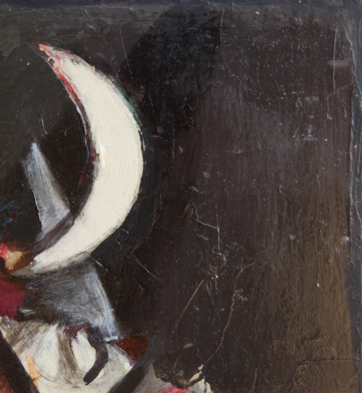 Peinture moderne d'inspiration cubiste d'une scène de nuit par l'artiste David Adickes de Houston, TX. L'œuvre présente des feuilles abstraites tombantes de couleur crème, rouge et grise sur un fond noir. Actuellement non encadré, mais des options
