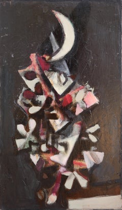 « Abstract Leaves, Moon Against Black » - Peinture de nature morte cubiste moderne abstraite