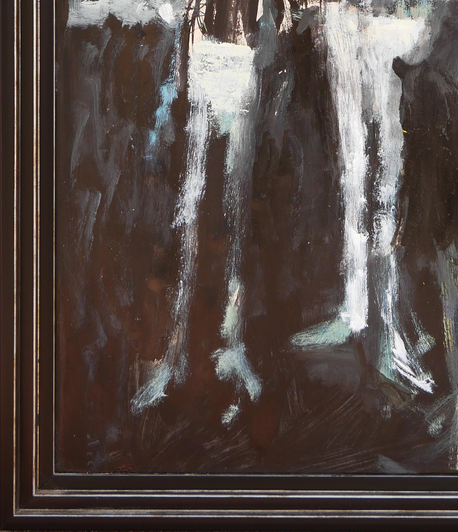 Quadro astratto moderno di paesaggio nautico figurativo dell'artista David Adickes di Houston, TX. L'opera presenta una coppia centrale di figure allungate in piedi accanto a una barca e su uno sfondo scuro. Firmato dall'artista in alto a sinistra.