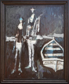 "Antibes 48" Modern Abstract Black, White, & Blue Figurative Nautical Painting