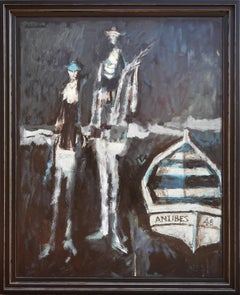 „Antibes 48“ Modernes abstraktes schwarzes, weißes und blaues figuratives nautisches Gemälde
