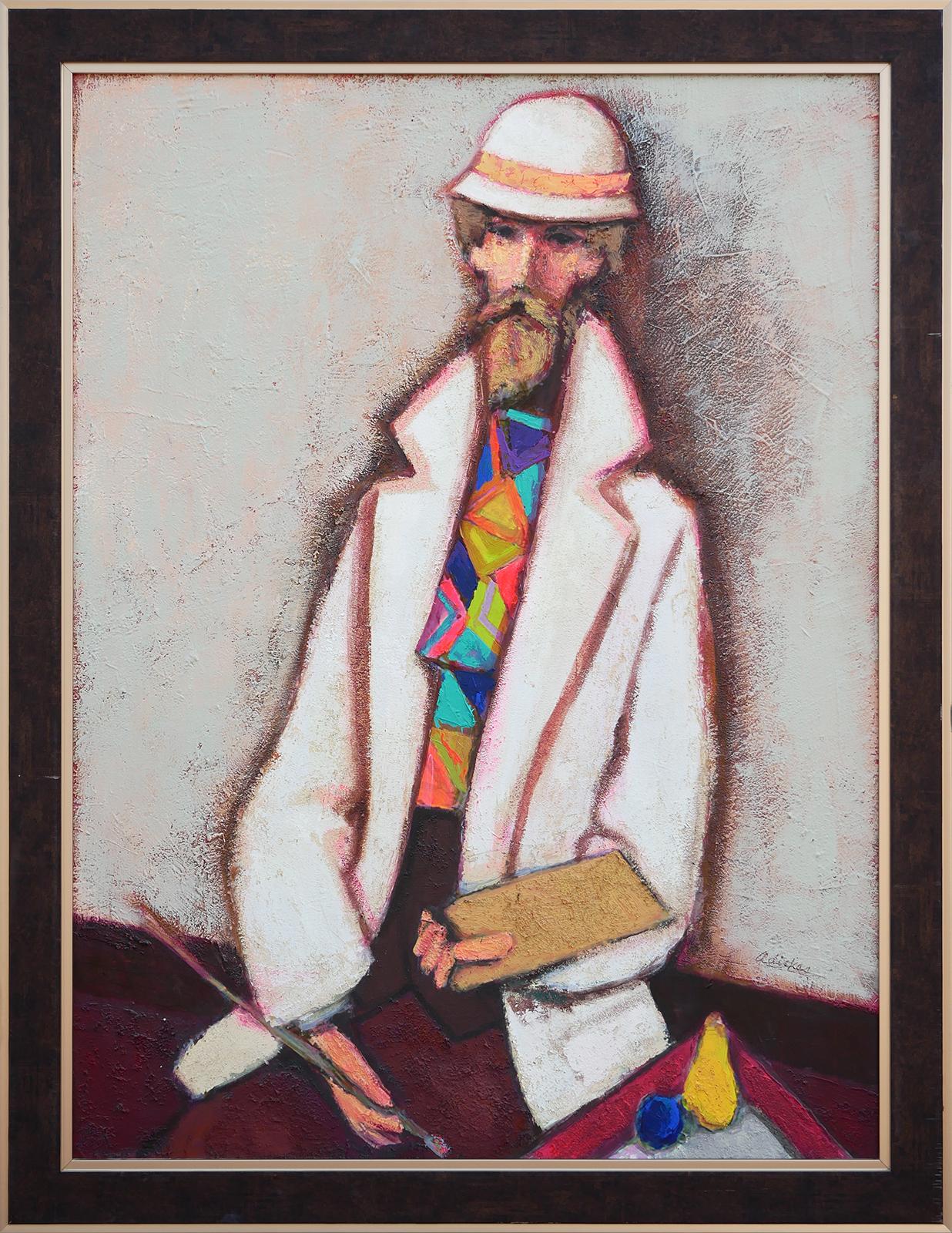 Abstract Painting David Adickes - "Artist White Suit, Wild Tie", Peinture de portrait abstrait moderne et colorée