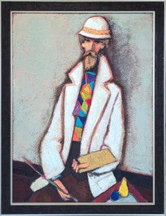 "Artistics White Suite, Wild Tie" Ritratto figurativo cubista astratto moderno