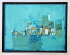 "Blue Abstract" Modern Abstract Blue and Ochre Toned City Landscape Painting