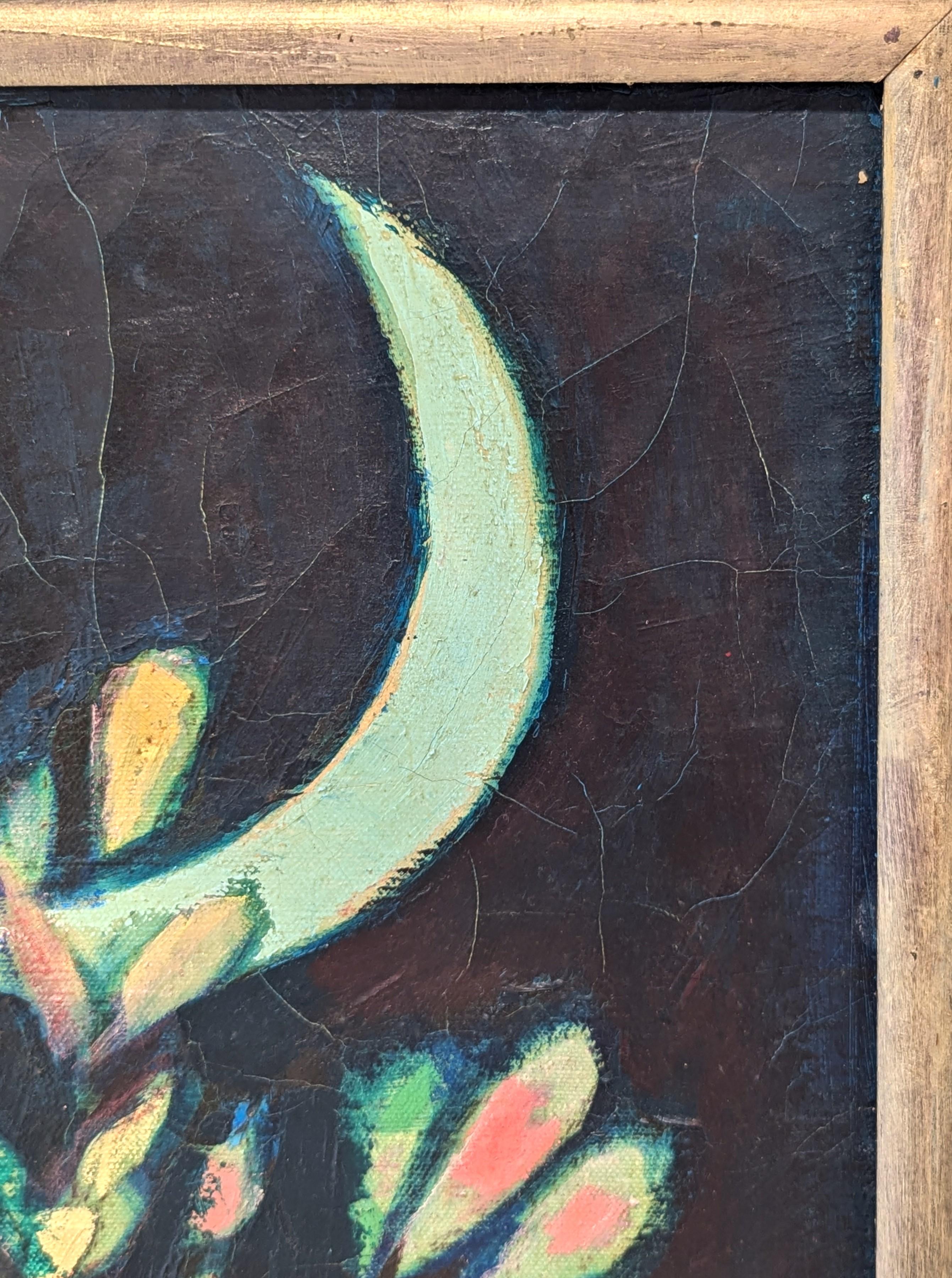 Paesaggio moderno di ispirazione cubista dipinto dall'iconico artista di Houston David Adickes. L'opera presenta una grande luna crescente intrecciata con un cactus astratto in un cielo notturno scuro. Conserva l'etichetta originale di Pace