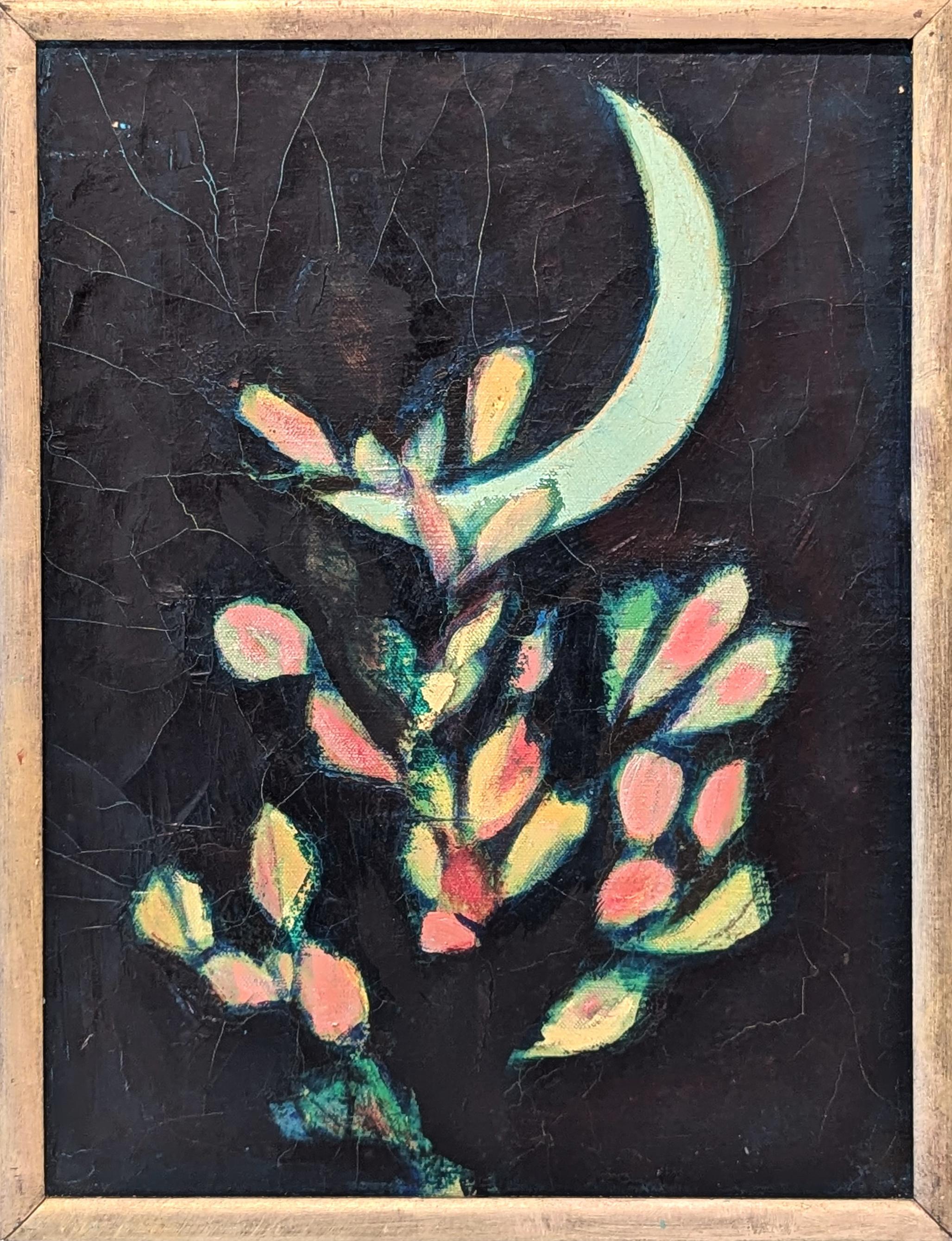 Landscape Painting di David Adickes - "Blue Moon" Quadro di paesaggio notturno astratto moderno di colore verde acqua e rosa con cactus