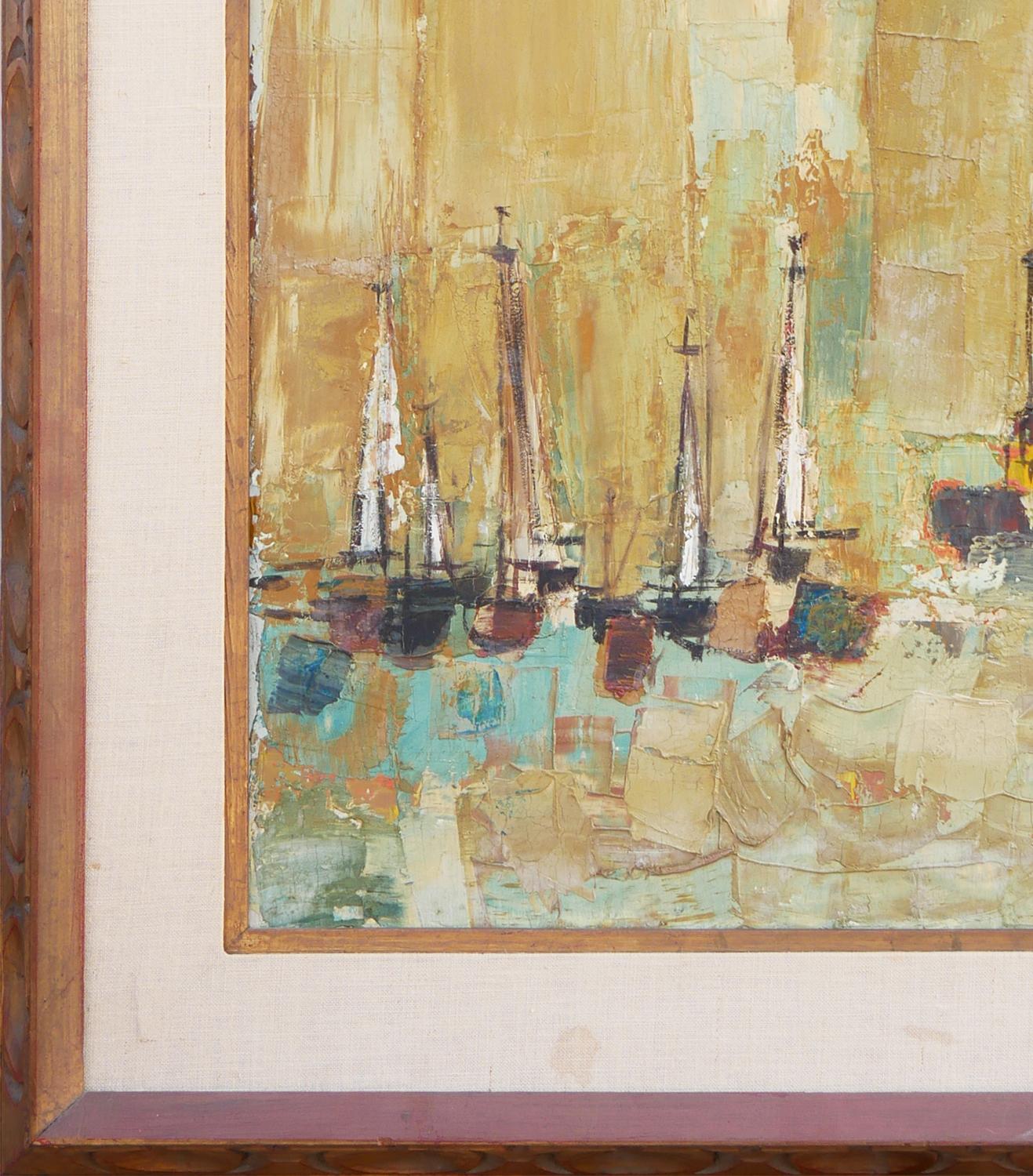 Quadro astratto moderno della città costiera dell'artista di Houston, TX, David Adickes. L'opera presenta una città colorata resa in arancione, blu e bianco con barche attraccate sulla riva. Firmato dall'artista nell'angolo anteriore in basso a