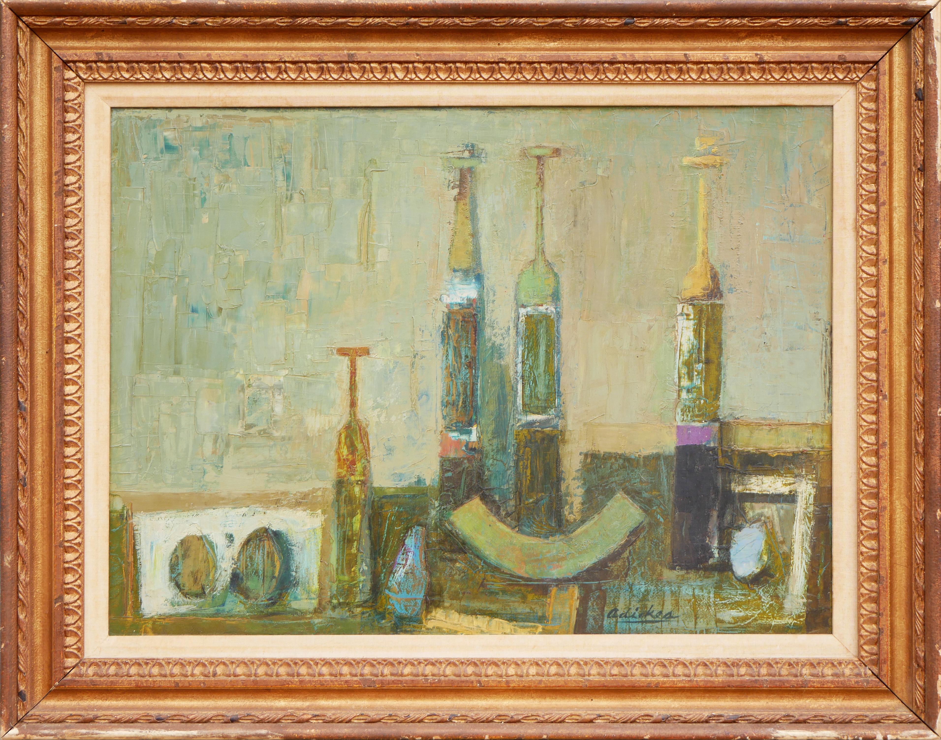 David Adickes Abstract Painting - "Bottles Brown and Green" Green Toned Modernist Abstract Still Life