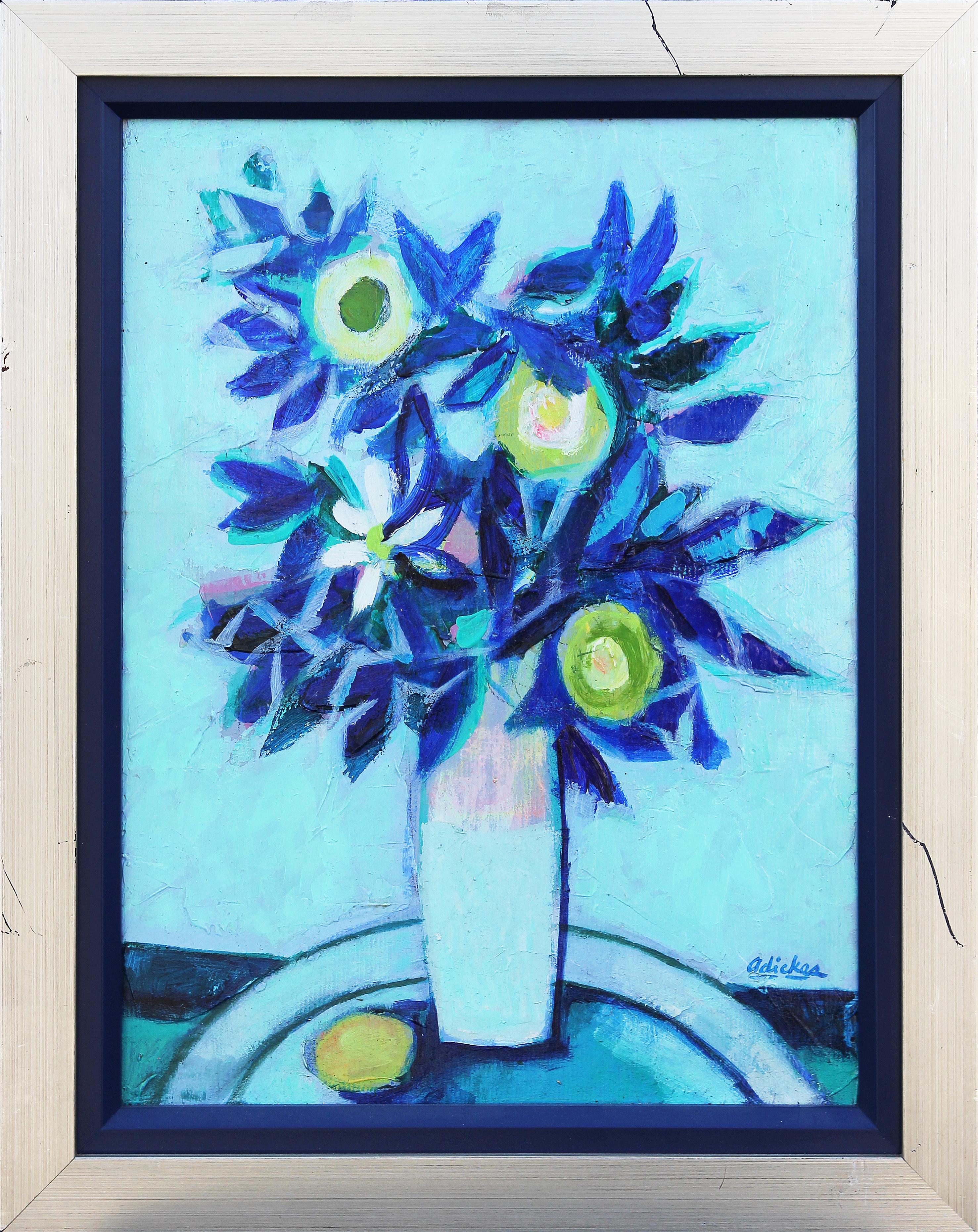 David Adickes Still-Life Painting - "Bouquet, Blue Leaves, and Lemon" Blue and Yellow Toned Abstract Still Life