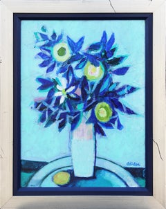 "Bouquet, Blue Leaves, and Lemon" Blue and Yellow Toned Abstract Still Life