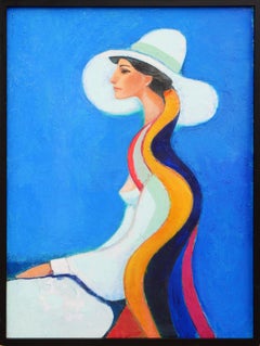 "Bright Blue Curvy Lady with Hat" Modern Abstract Figurative Portrait Painting