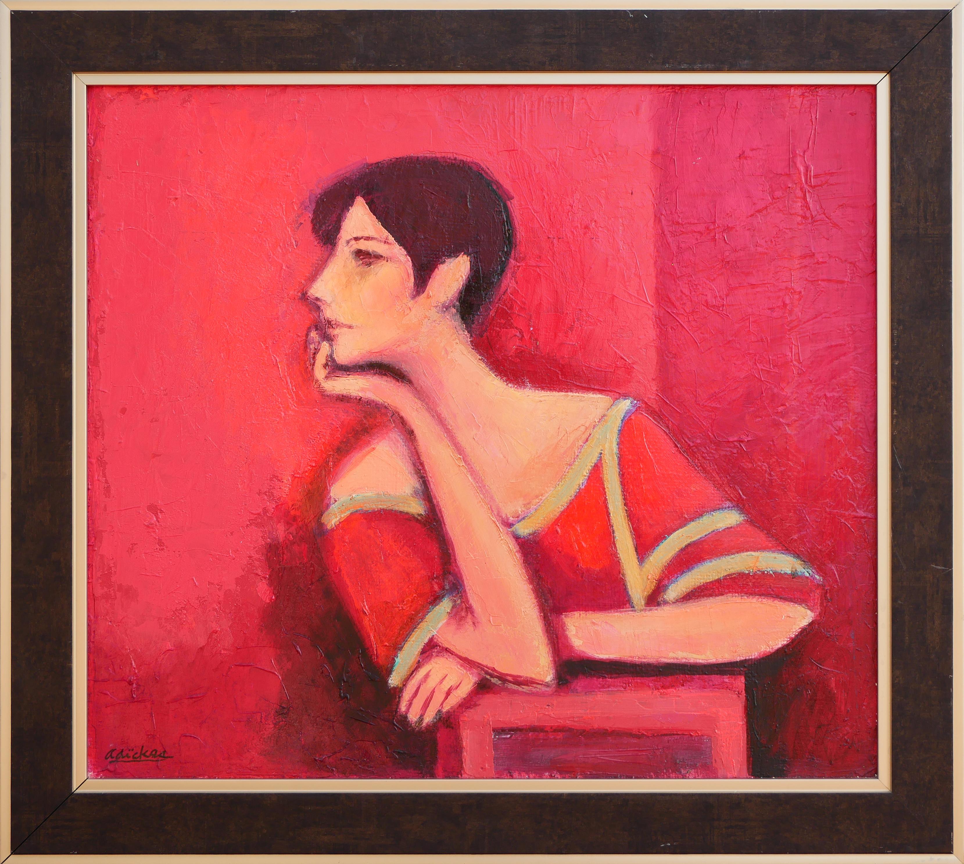 Portrait Painting di David Adickes - "Ritratto figurativo astratto moderno "Brunetta di profilo contro il rosso