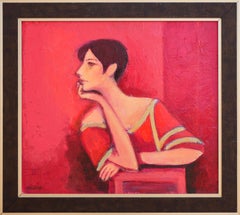 Vintage "Brunette in Profile Against Red" Modern Abstract Figurative Portrait Painting