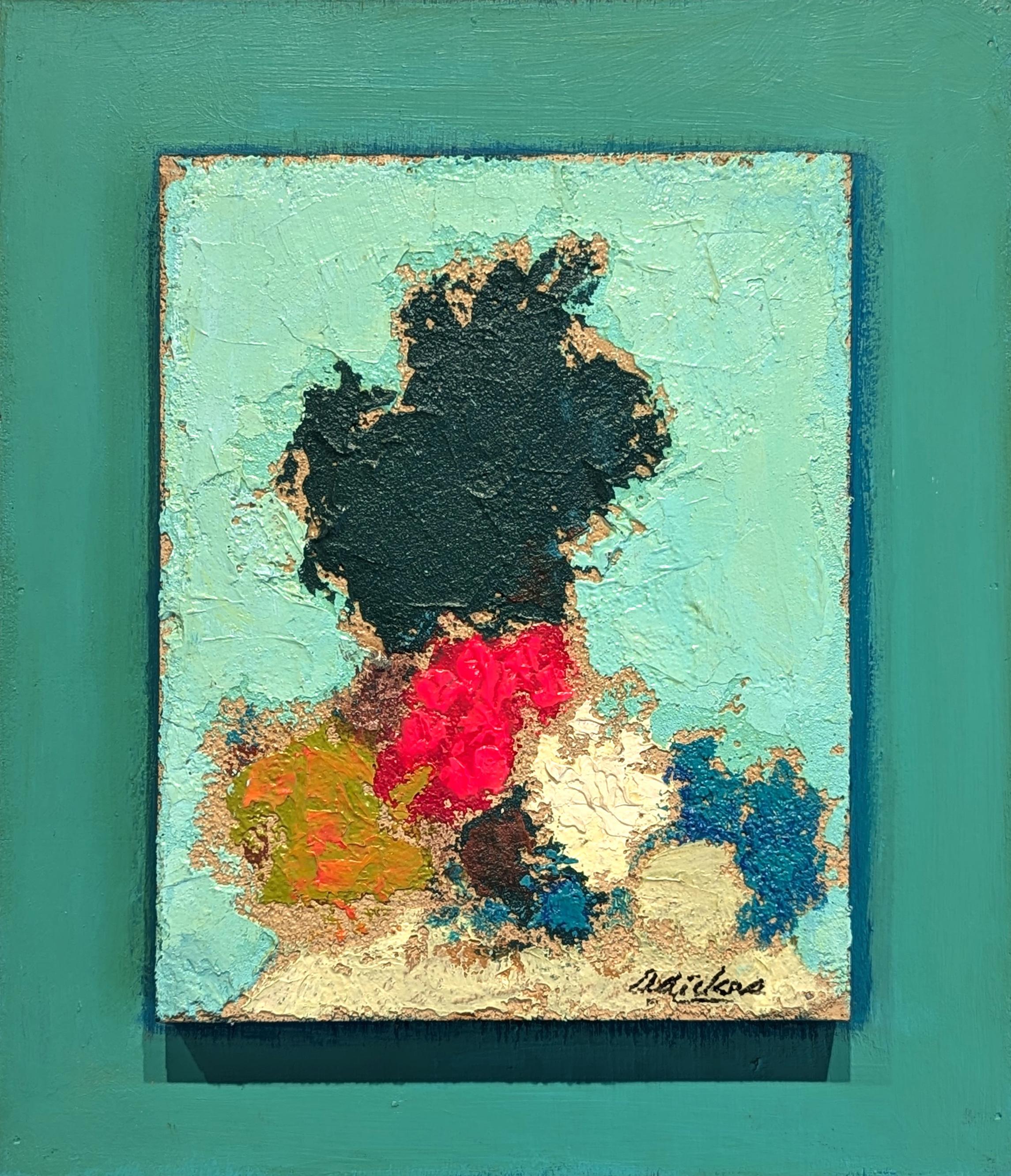 Landscape Painting de David Adickes - "Grupo de Árboles #82" Pintura Abstracta Moderna de Paisaje Teal y Rosa sobre Tablero
