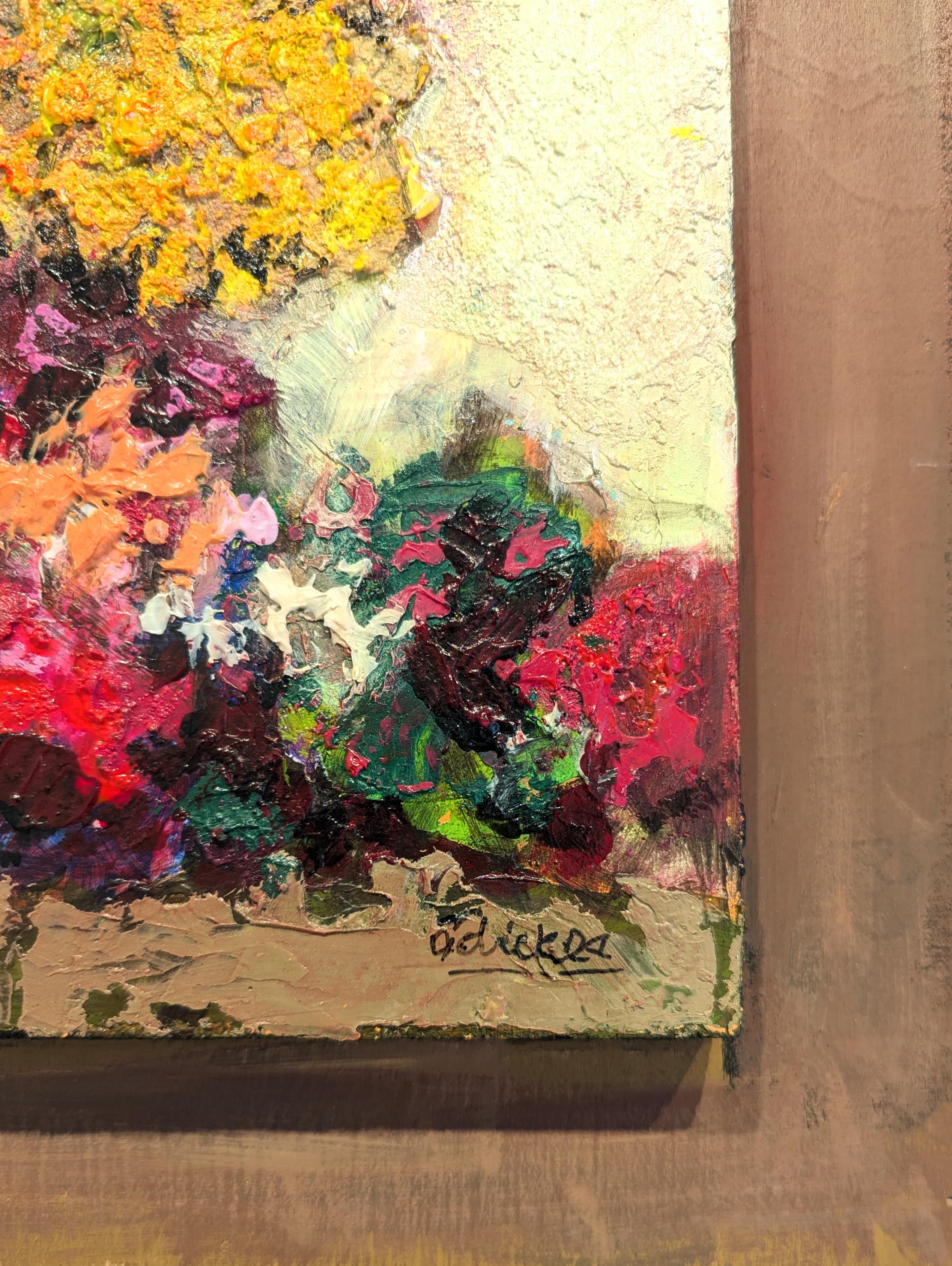Paesaggio astratto moderno dipinto dall'iconico artista di Houston David Adickes. L'opera presenta un gruppo di alberi gialli e marroni sullo sfondo di un cielo giallo chiaro. Firmato nell'angolo anteriore in basso a destra e firmato e datato sul