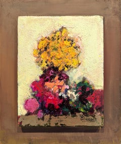 "Grupo de árboles, amarillo y granate" Pintura abstracta moderna de paisaje sobre tabla