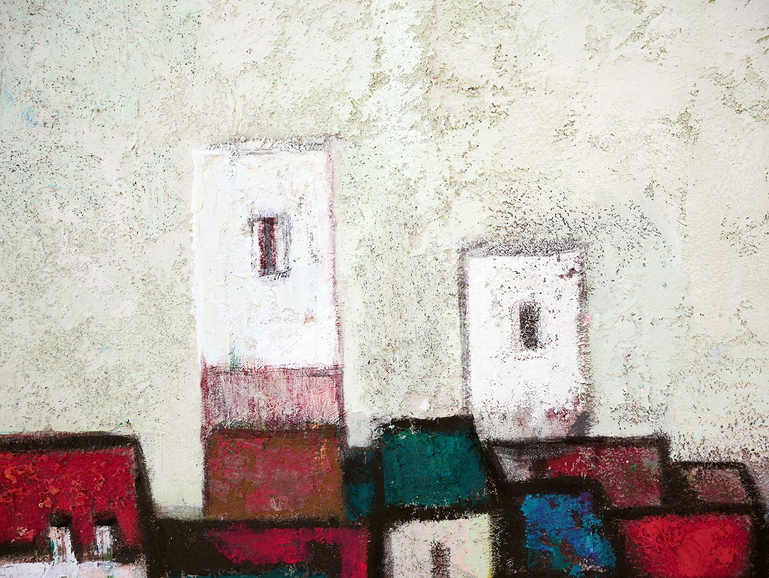 Paysage de village européen abstrait et coloré avec bateaux 9