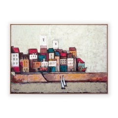 Colorful Abstract Modern European Village Landscape with Boats