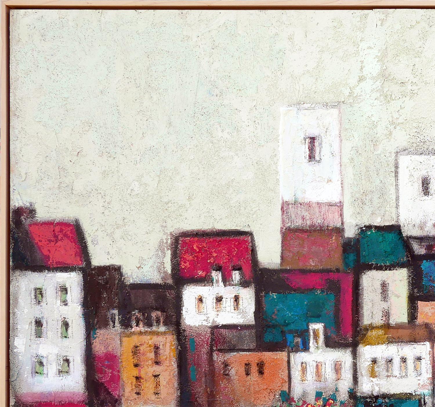 Paysage de village européen abstrait et coloré avec bateaux - Moderne Painting par David Adickes