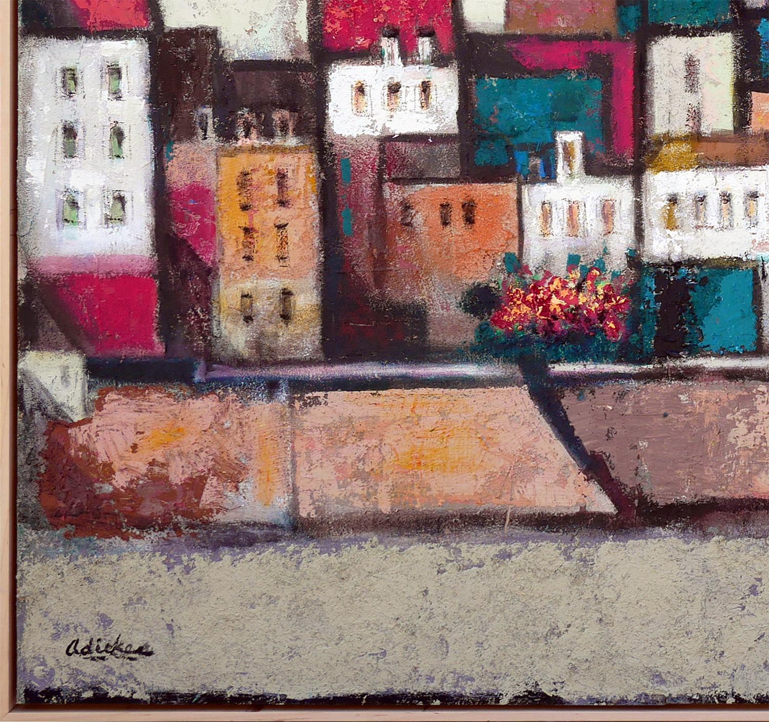 Modern abstract village landscape by Houston, TX artist David Adickes. This large-scale painting depicts an elevated town by an ocean and houses with colorful roofs. Signed by the artist at the lower left corner. Framed in a simple wooden frame.