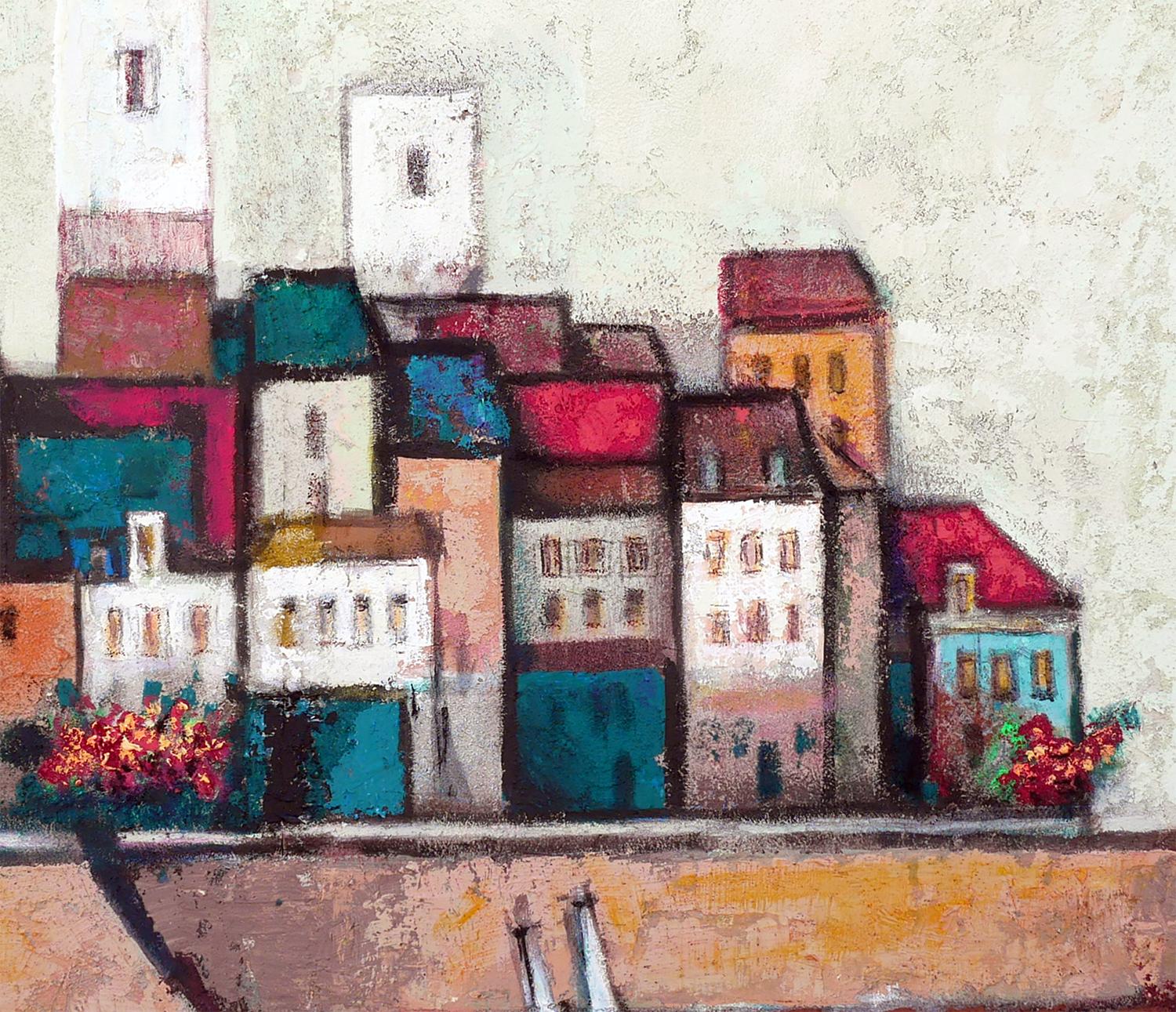 Paysage de village européen abstrait et coloré avec bateaux 2