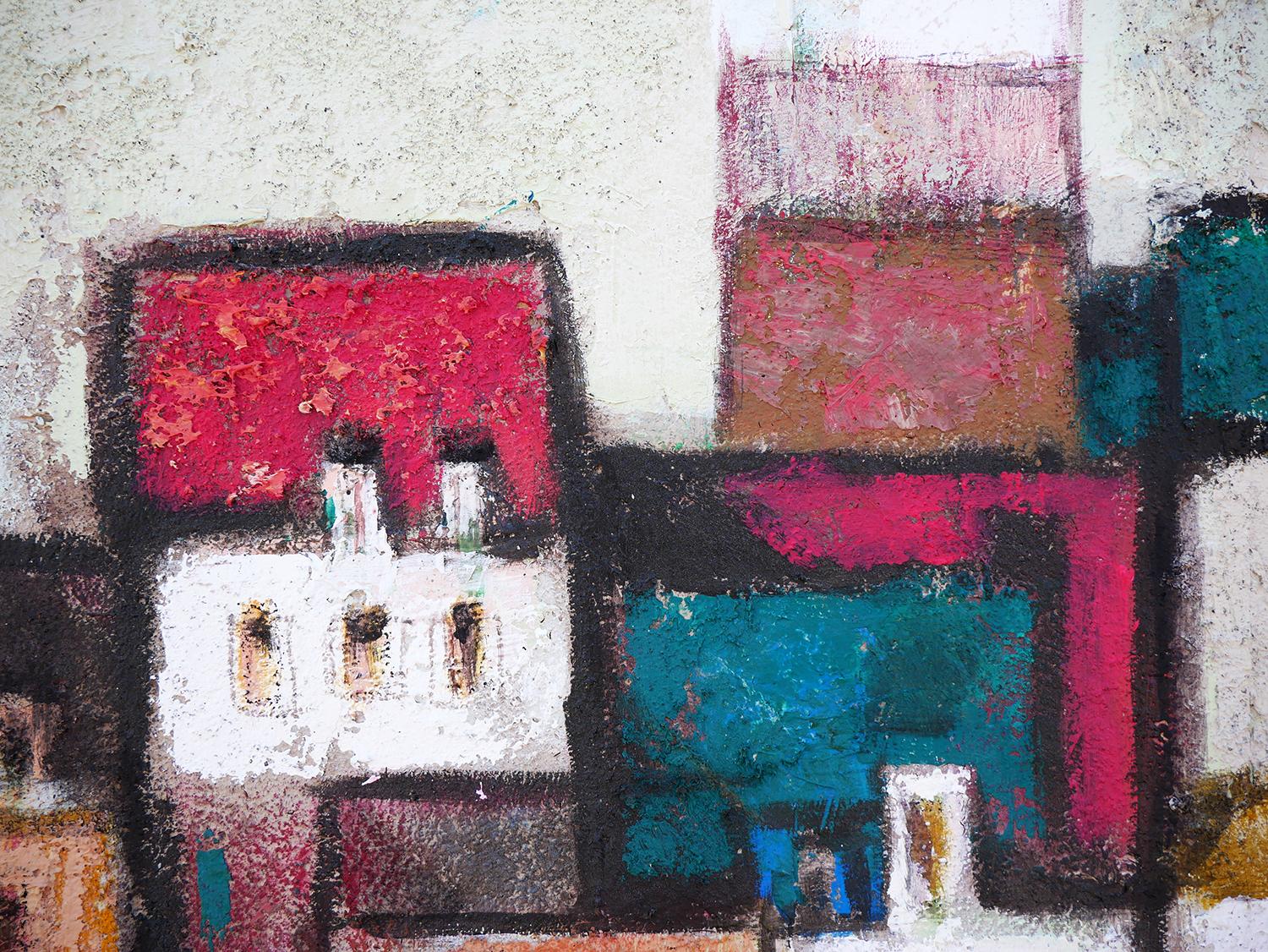 Paysage de village européen abstrait et coloré avec bateaux 4