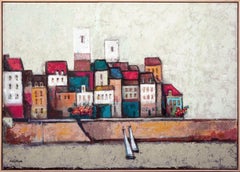 Colorful Abstract Modern European Village Landscape with Boats