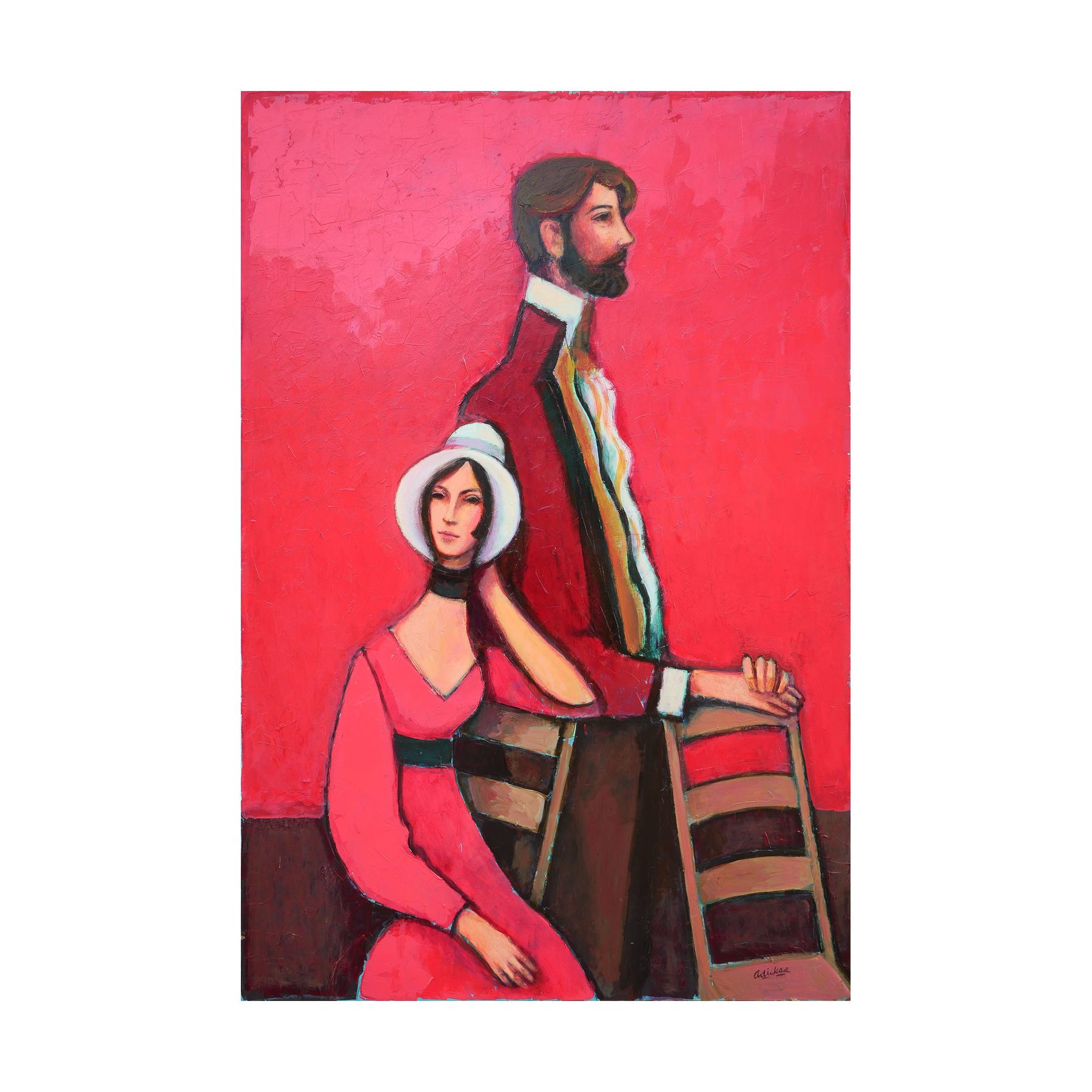 Modern abstract figurative portrait painting by Houston, TX artist David Adickes. The work features a central male and female couple wearing red toned outfits set against a rich red toned background. Signed by the artist in front lower right corner.