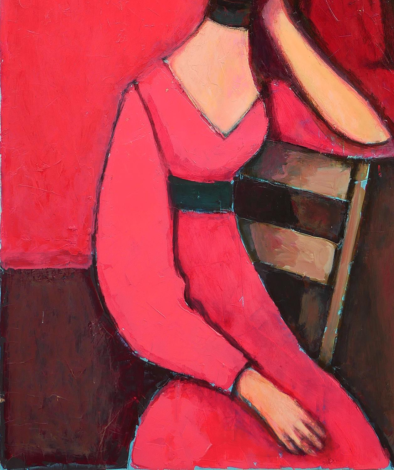 Ritratto figurativo astratto moderno dell'artista David Adickes di Houston, TX. L'opera presenta una coppia centrale di uomini e donne che indossano abiti di colore rosso su un ricco sfondo di colore rosso. Firmato dall'artista in basso a destra.