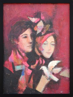 Peinture de portrait figurative abstraite moderne « Couple with Bird Against Red »