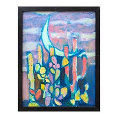 "Crescent et Cactus" Peinture moderne abstraite colorée paysage nocturne du désert.