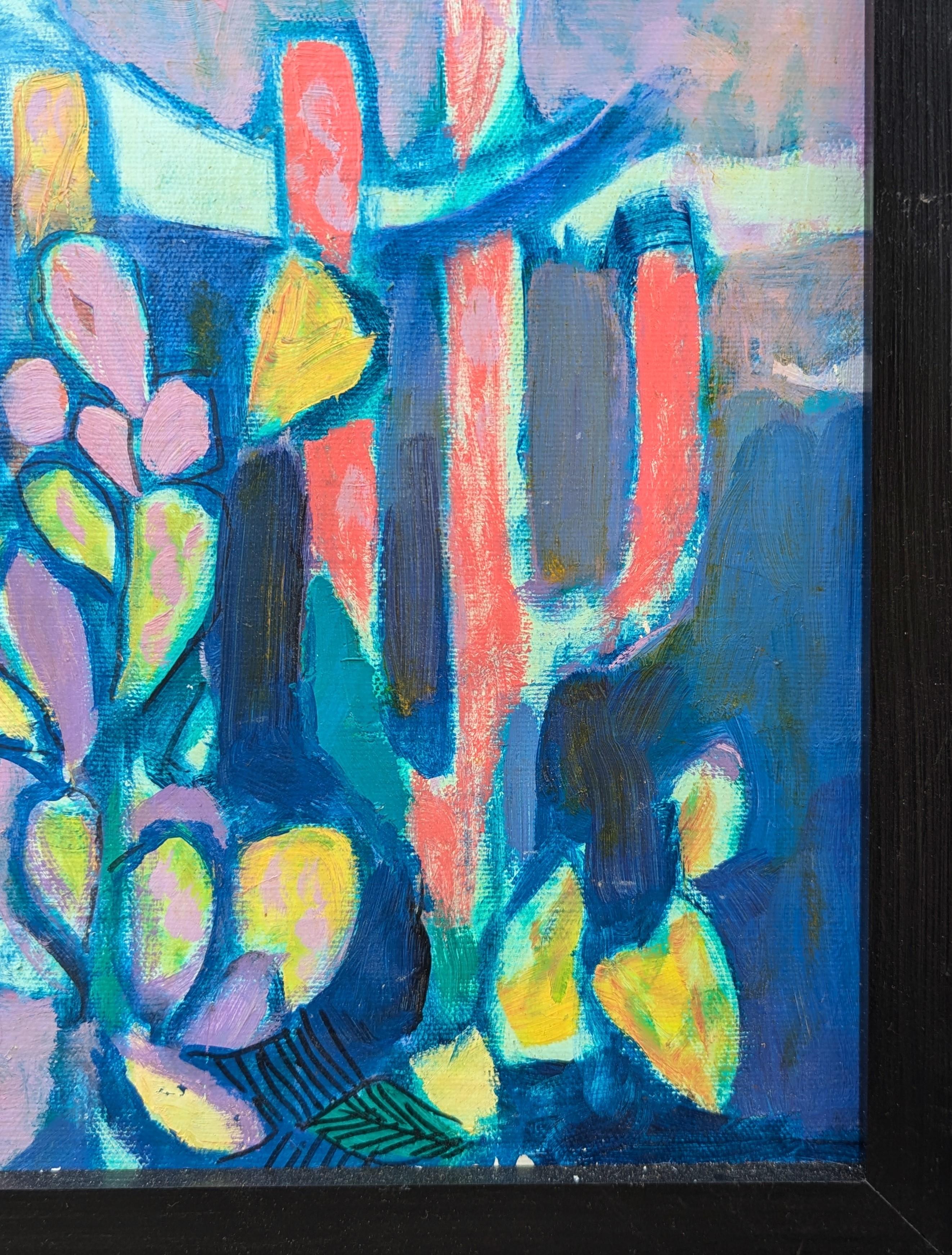 Peinture moderne d'inspiration cubiste représentant un paysage désertique coloré, réalisée par l'artiste emblématique David Adickes, basé à Houston. L'œuvre présente une grappe abstraite de cactus violets, coralliens et jaunes sur fond de croissant